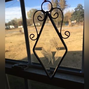 Clear Beveled Etched Glass Hummingbird Sun Catcher Ornament w/ Red Floss Hanger.
